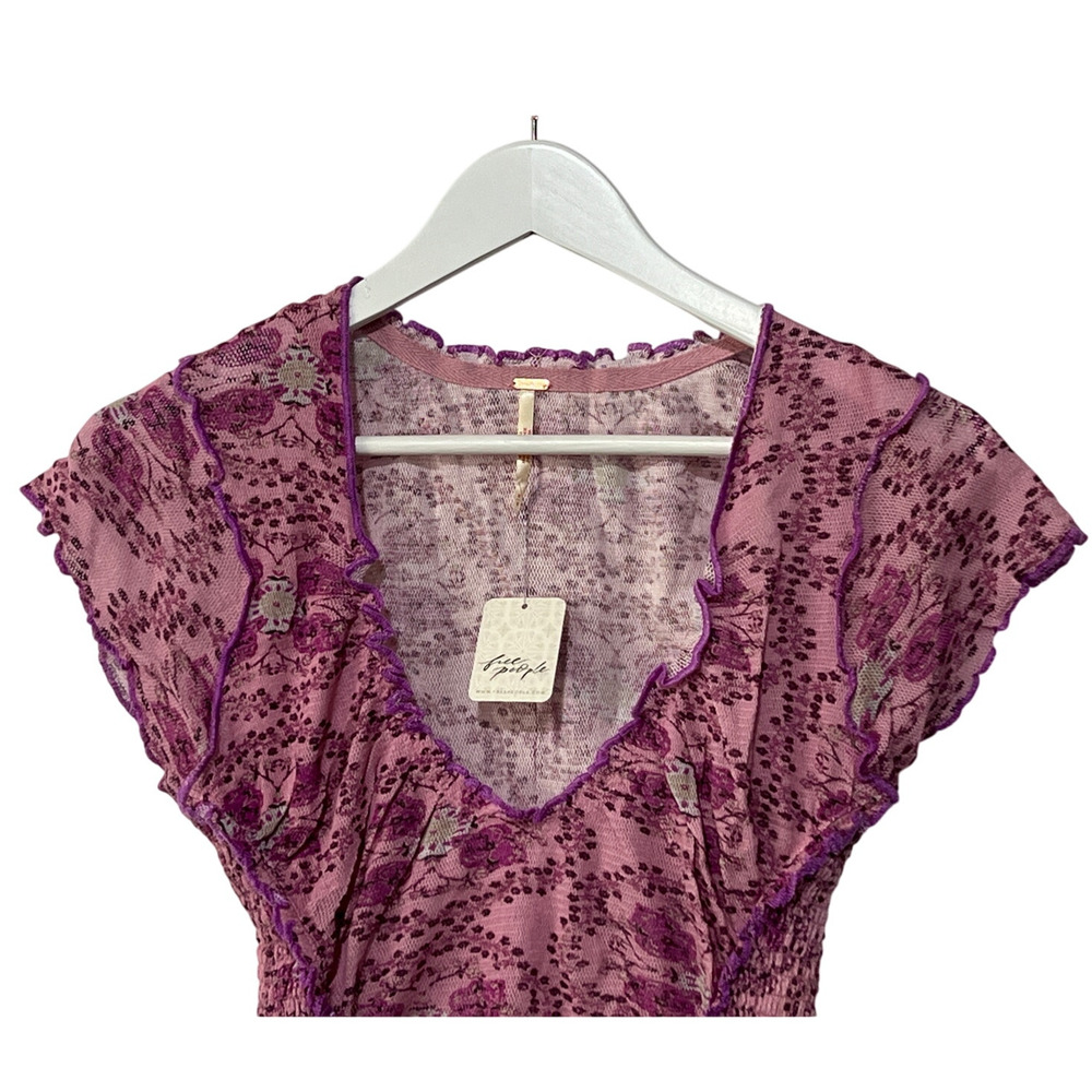 Free People Pink Floral Mesh Short Sleeve Tee - Picture 7 of 13